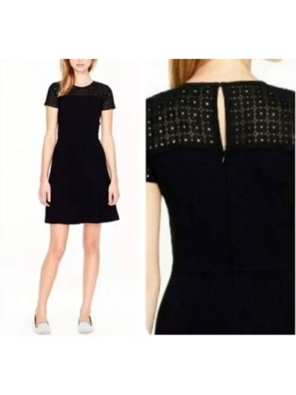 J Crew Dress Womens 6 Black Laser Cut Eyelet Lace Jersey Party Quiet Luxury